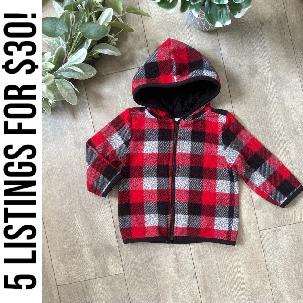 Y2K Garanimals Buffalo Plaid Jacket Fleece Full Zip Hoodie Red Black 12 Months
